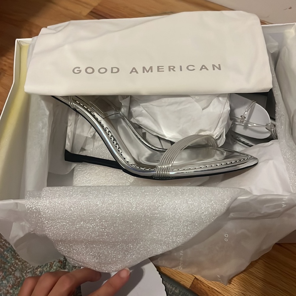 Good American Silver Clear Strap, Wedge Pointed Toe Heels